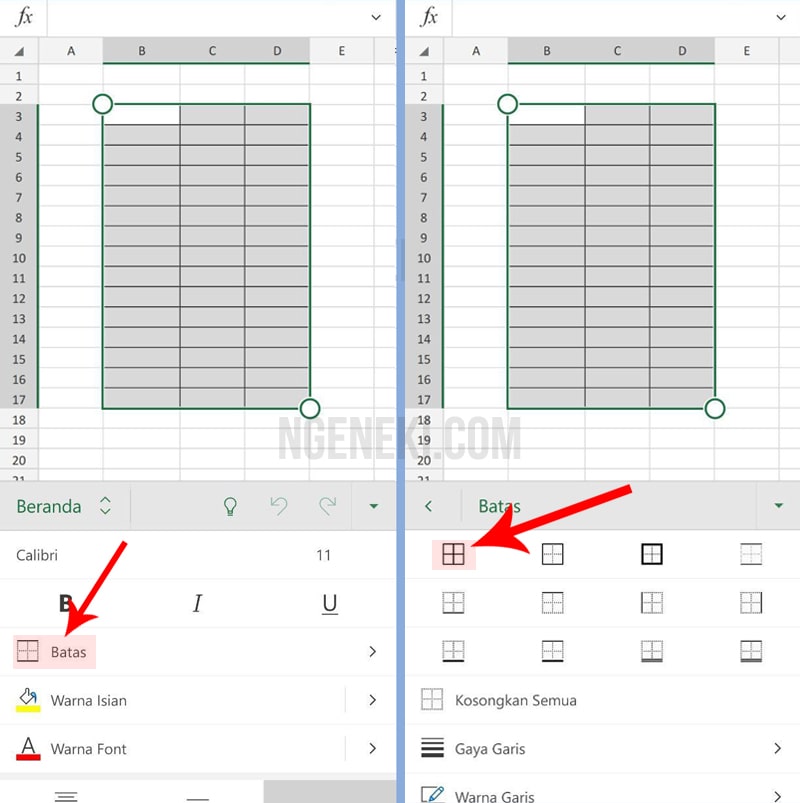 Memilih Batas untuk Membuat Tabel di MS Excel Android